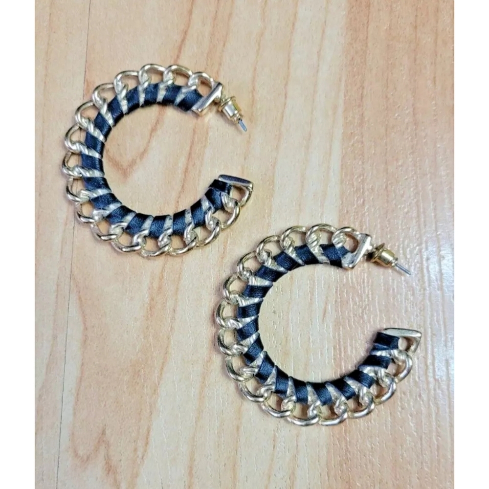 Faux leather chain hoop earrings